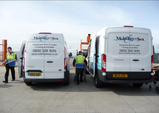 Two of our vans at a cruise terminal