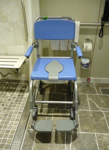 A mobile commode in a cabin bathroom