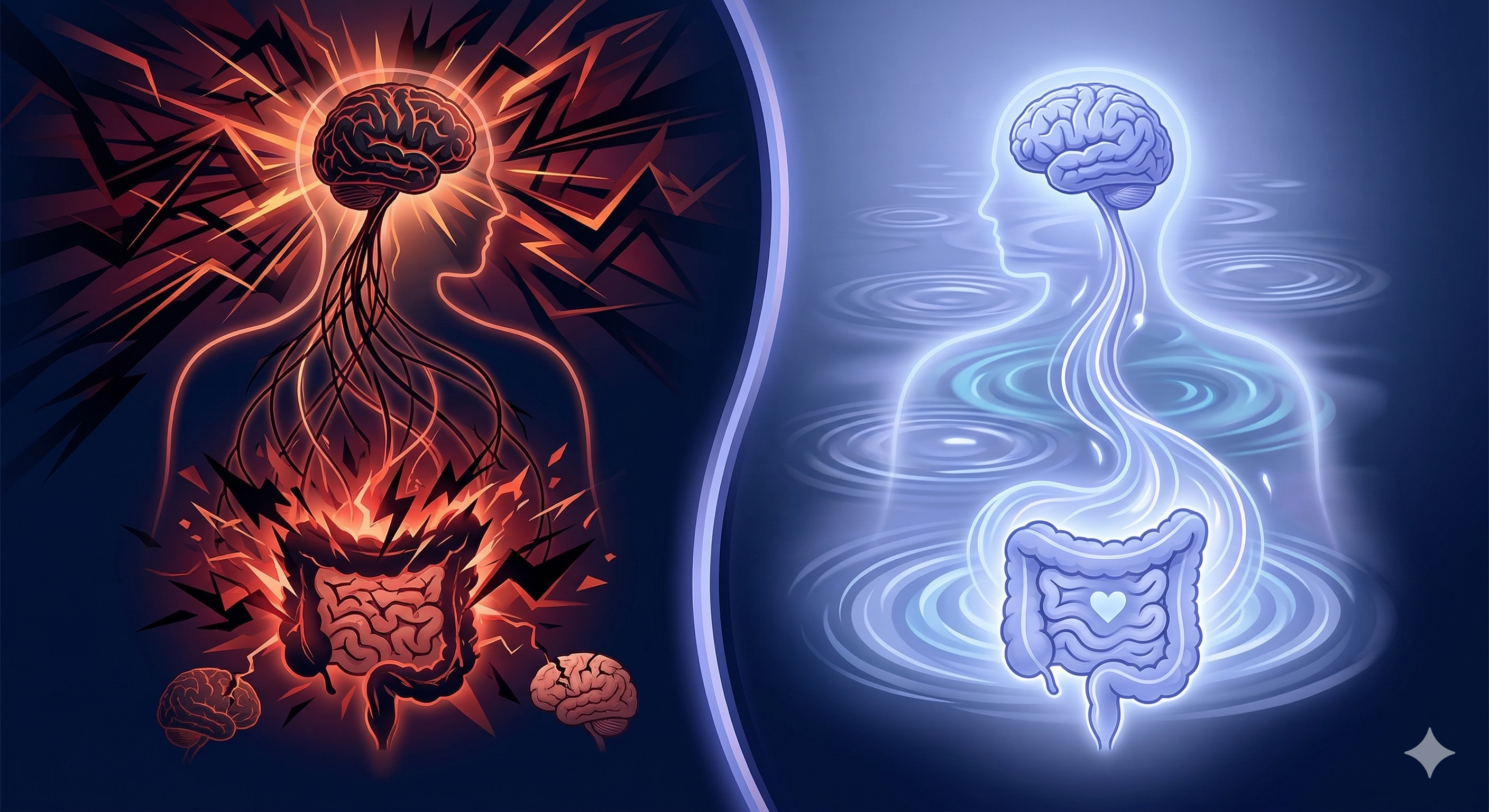 A conceptual split-screen illustration of the gut-brain connection in IBS, showing a transition from a chaotic, stressed digestive state to a calm, managed state with periwinkle blue ripples.