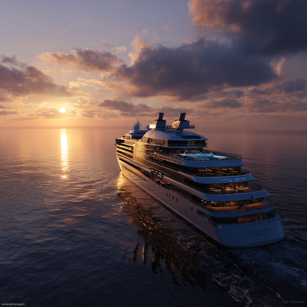 A sleek expedition cruise ship on the horizon during golden hour, symbolising the bright future of cruise travel.